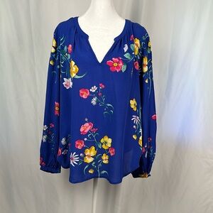 Old navy Royal blue floral print split neck top with long sleeves.
